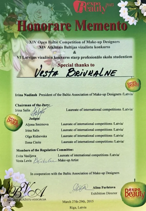 Pateicība Vestai Brīvkalnei no Baltijas Vizāžistu asociācijas (XIV Open Baltic Competition
