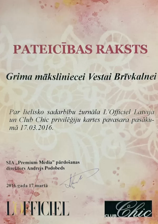 Pateicības raksts Vestai Brīvkalnei par sadarbību ar žurnālu L'Officiel Latvija (2016)