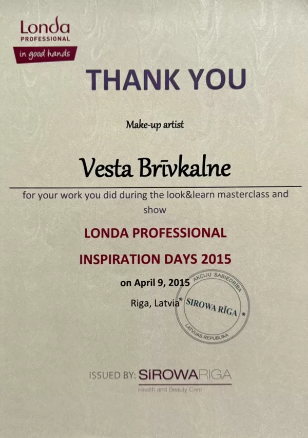 Londa Professional Inspiration Days 2015 sertifikāts, Vesta Brīvkalne