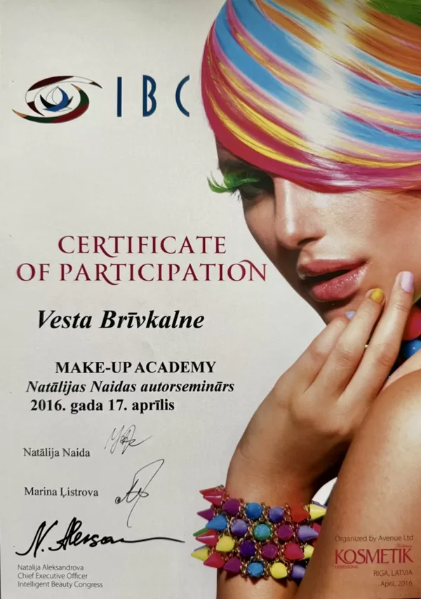 Make-up Academy sertifikāts, Natālijas Naidas autorseminārs (2016)