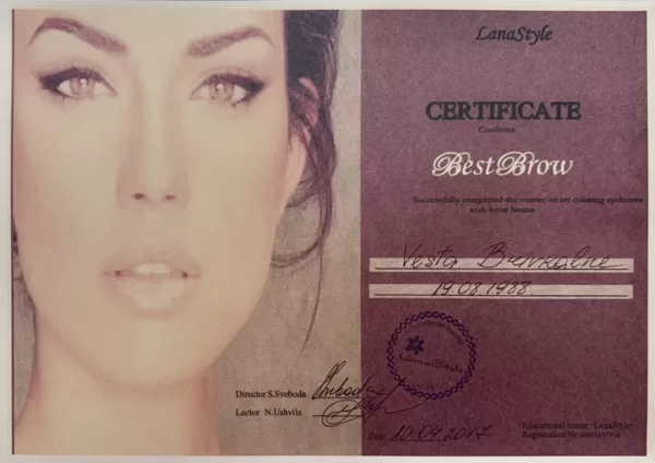 Sertifikāts "Best Brow" par uzacu māksliniecisko noformēšanu un krāsošanu ar hennu, Vesta 