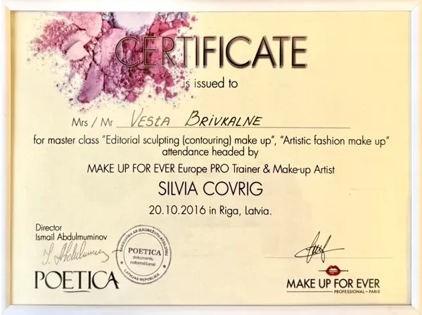 Make Up For Ever sertifikāts, "Editorial sculpting" meistarklase, Silvia Covrig (2016)