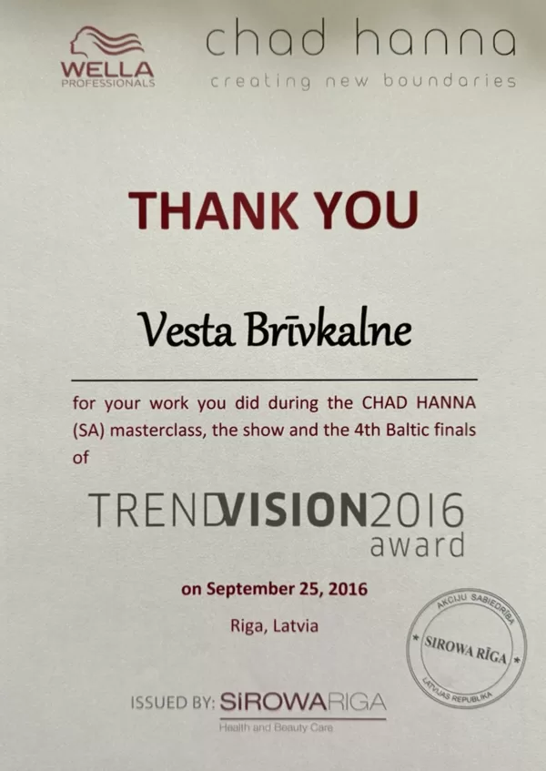 TrendVision 2016 Award diploms, Chad Hanna (Dienvidāfrika) meistarklase, Vesta Brīvkalne