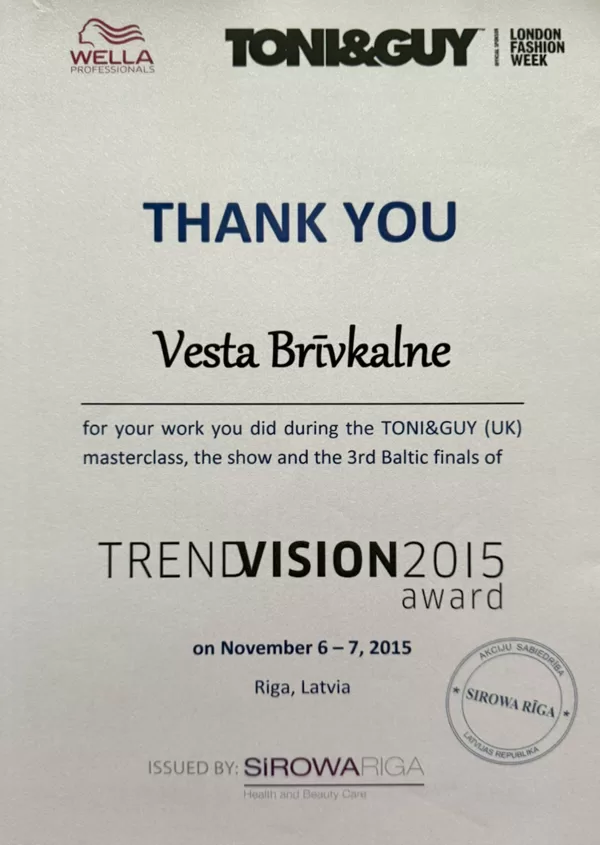 TrendVision 2015 Award, TONI&GUY (UK) meistarklases diploms, Vesta Brīvkalne