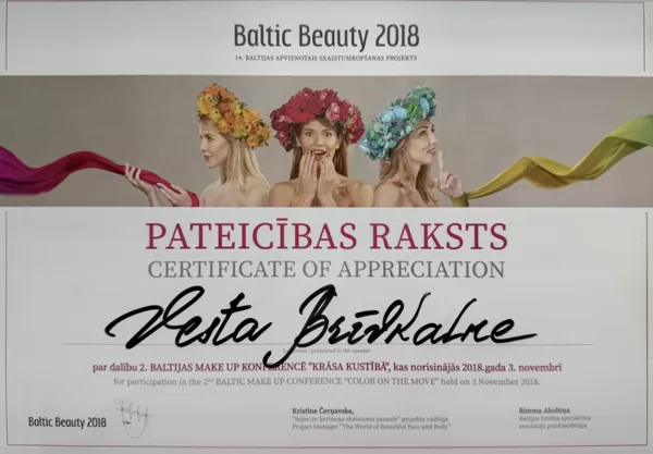 Baltic Beauty 2018 sertifikāts, projekts "Krāsu kustība"