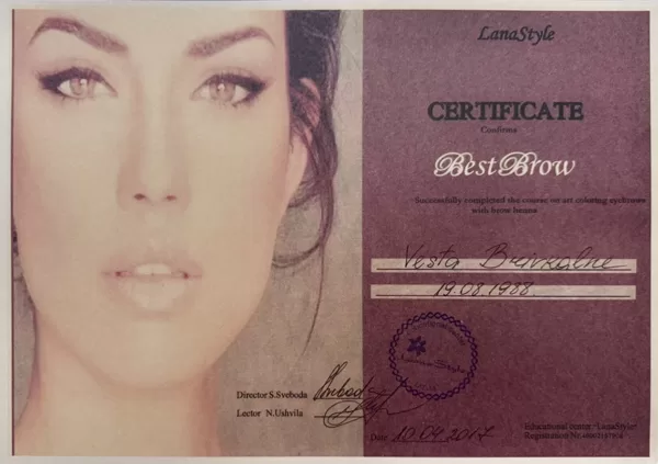 Сертификат курса «Best Brow» по художественному оформлению и окрашиванию бровей хной, Вест