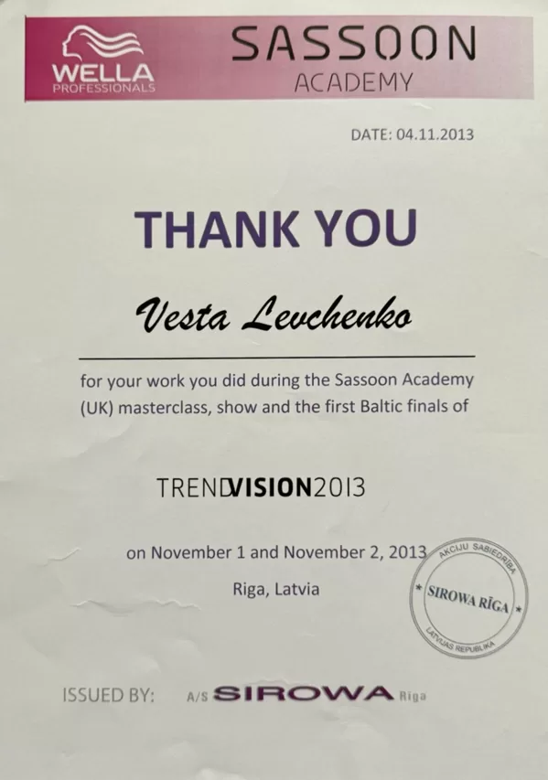 Диплом Sassoon Academy (UK) мастер-класс и шоу TrendVision 2013, Веста Бривкалне