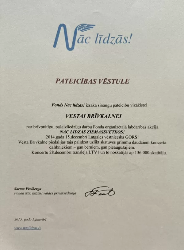Certificate of appreciation for Vesta Brivkalne for the "Nāc līdzās!" charity event