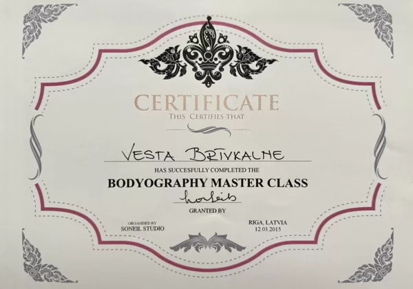 Bodyography Master Class certificate by Vesta Brivkalne (Riga, 2015)