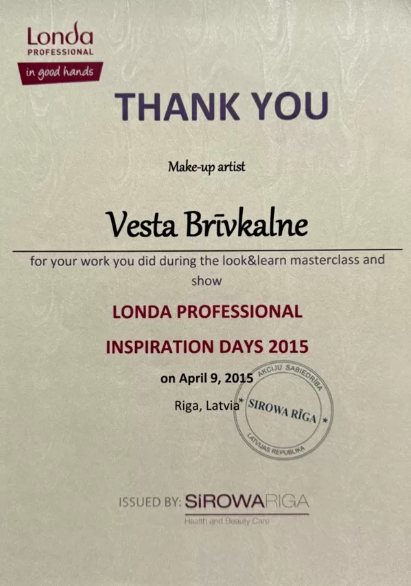 Londa Professional Inspiration Days 2015 certificate, Vesta Brivkalne