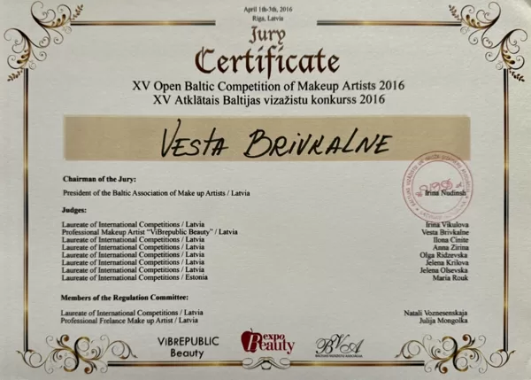 Participant certificate of the XV Open Baltic Competition of Makeup Artists (2016)