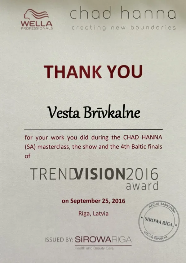 TrendVision 2016 Award, Chad Hanna (SA) masterclass diploma, Vesta Brivkalne