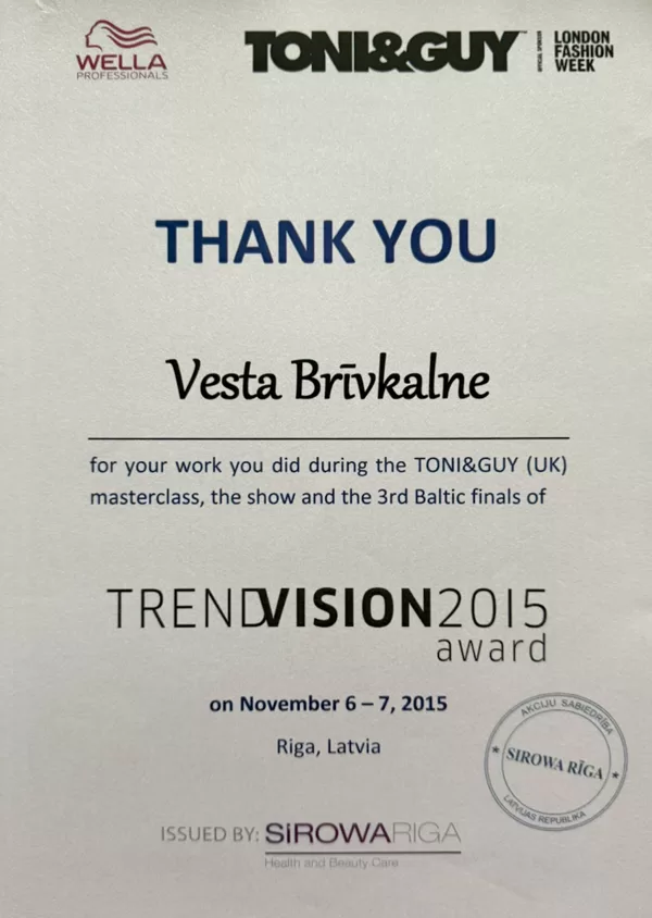 TrendVision 2015 Award, TONI&GUY (UK) masterclass diploma, Vesta Brivkalne